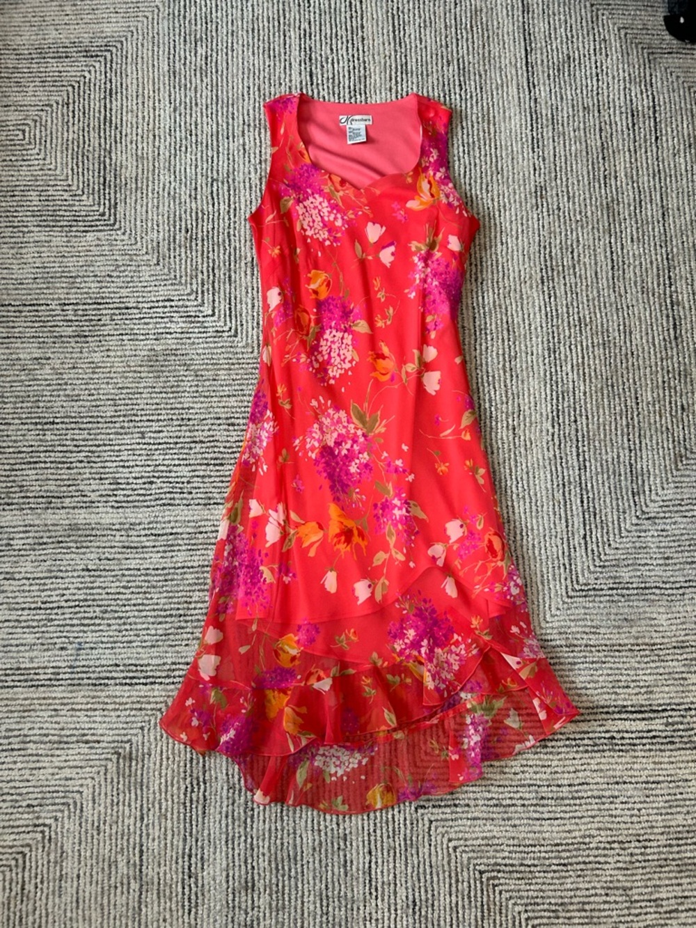 Coral Red Floral Sleeveless Ruffle Hem Fairy Y2K Dress Dressbarn Size 10